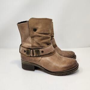 Dromedaris Women Kikka Brown Tan Leather Moto Boot Size 38 US 7.5 Faux Fur Lined